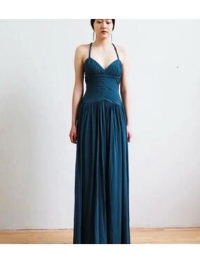 BCBGMaxAzria Teal Pleated Ruched Maxi Dress